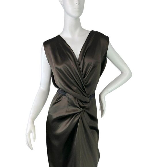 Ports 1961 Brown Elegant Silk Sleeveless V-Neck Ruched Sheath Dress, Size 6 - Picture 8 of 14